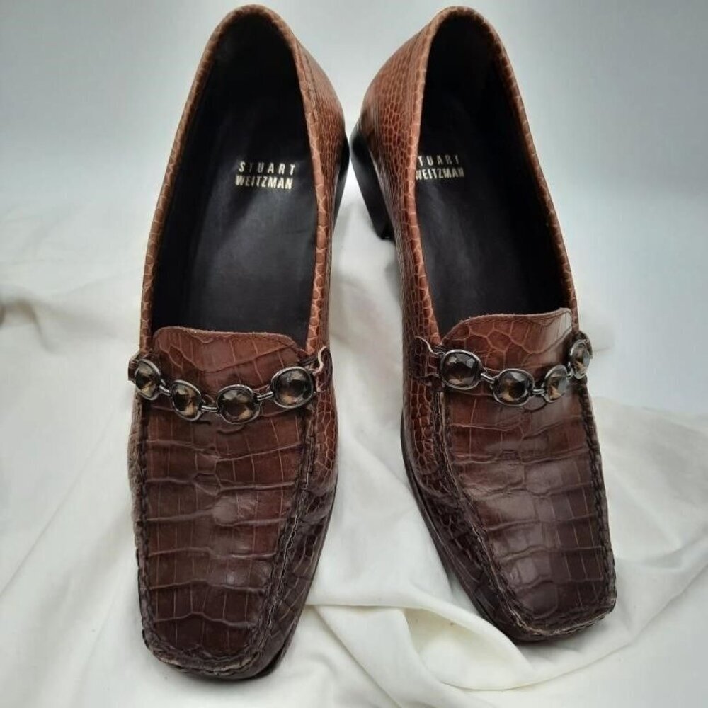 Stuart Weitzman Brown Italian leather Croc Embossed Gem Embellished loafers sz 7 - Picture 2 of 4